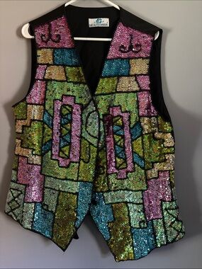 Vest Sequined sz 1x Beaded Nicole Summers Mosaic Deco Geometric Jewel Vintage